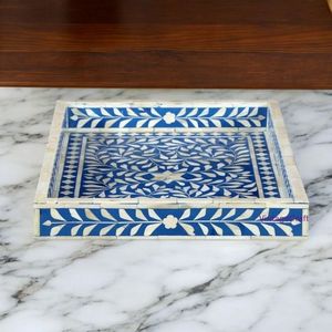 Plateau d'incrustation d'os de conception traditionnelle avec des motifs de conception florale plateau de service d'incrustation d'os pour la décoration de table - Product Image 1