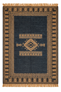 Tapis Kilim Dhurrie bleu marine moderne, fait main, écologique, en laine/soie, avec support en jute antidérapant, tissage plat géométrique tribal pour la maison - Product Image 4