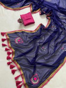 Diseñador indio de Bollywood Exclusivo Blue Georgette Sari Chic Ropa étnica para adultos Bodas y fiestas - Product Image 2