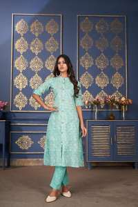 Traje indio Elegante colección Eid Mejor tela Algodón étnico Kurti Pantalón con estampado con bordado Trabajo a precio mayorista - Product Image 2