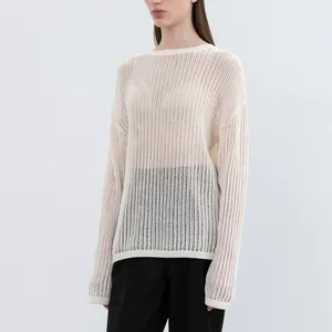 Women Lazy Dropped-Shoulder Sleeves Knitwear Linen Cotton Boat Neck Mesh Hollowed Out Cutout Tops Pullover Sweater for women