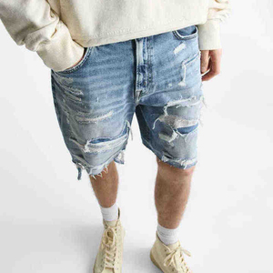 <b>Men's</b> Casual Breathable Light Wash Denim Shorts High-Design Streetwear Knee-Length Straight <b>Jeans</b> Low <b>Waist</b> Distressed <b>Jean</b> - Product Image 6