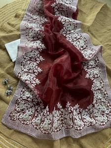 ส่าหรีทำจากผ้าออร์แกนซ่าคุณภาพสูงพร้อมด้ายวิสคอสและขอบงานปาร์ตี้ส่าหรีหรูหรา - Product Image 4