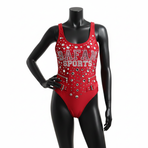 Maillot de bain une pièce premium 220 GSM en polyester et élasthanne, orné de strass rouges, avec ceinture et impression de logo personnalisée, pour femme - Product Image 1