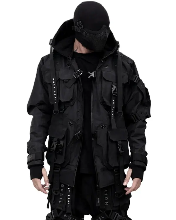 سترة رجالية أنيقة تتميز بتصميم عصري من Techwear للبيع بالجملة وهي سترة مضادة للماء بغطاء رأس سوداء قابلة للتنفس وسترة رجالي واقية من الرياح