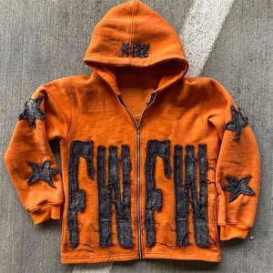 2024 algodón Denim personalizado 100% algodón francés Terry parche desgastado bordado Streetwear Zip Up Sudadera con capucha - Product Image 1