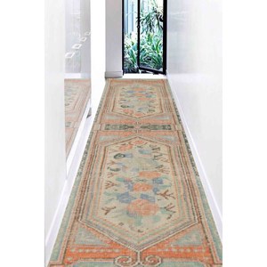 Tapis turc Oushak floral : Tapis vert de style antique, tapis imprimé, tapis doux non tissé - Product Image 5