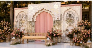 Outdoor Wedding Mirror Work Arch Panel <b>Frames</b> Elegant Moroccan Style Wooden Backdrop With <b>Pink</b> Arch And Floral Decor For Wedding - Product Image 2