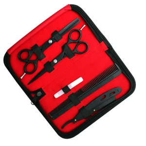 Kit de tijeras de peluquero de acero con revestimiento negro profesional Tijeras de adelgazamiento de corte de cabello con estuche de cuero de afeitar Herramientas para el cabello de uso en salón - Product Image 6