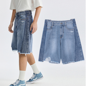 Pantalones cortos vaqueros lisos de diseño personalizado holgados y gruesos Y2K 2 en 1 cortos desgastados con cremallera y borde de mosca - Product Image 1