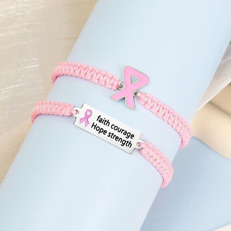 Bracelet de sensibilisation au cancer du sein tissé à la main Bracelet ruban rose espoir foi force courage Bracelet réglable gravé