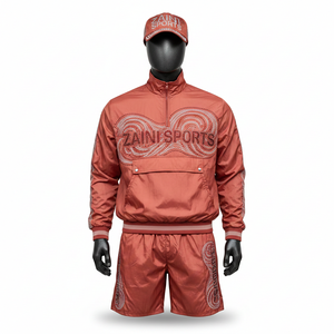 Ensemble court coupe-vent en nylon de haute qualité pour hommes, tissu lisse résistant au vent, panneaux latéraux contrastés, logo par transfert thermique, grande taille - Product Image 1