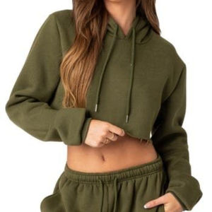 Sudadera con capucha de lana recortada para mujer 52% Airlume anillo peinado hilado 48% Poly Fleece diseño de hombro caído - Product Image 1