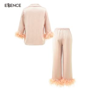 Womens Feather Party Nachtwäsche Set Zweiteiliges Homewear Top und Hosen Chic Straußen besatz Langer Pyjama - Product Image 2