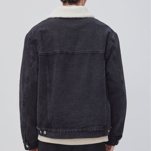 High Quality <b>Black</b> Cotton Jacket with Lined Borg Collar Customized Logo <b>Long</b> Sleeve Plus Size <b>Coats</b> for <b>Men</b> OEM Canvas Fabric - Product Image 2