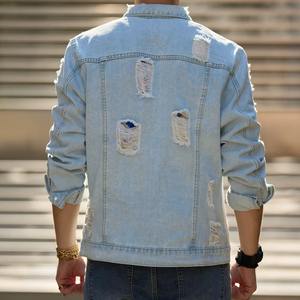 High Street hommes veste décontractée de haute qualité mince Denim manteau trous solides peau de mouton cuir toile tissu nouveau Streetwear mode - Product Image 4