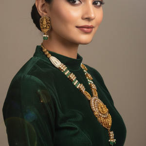 Divine Abode Gajaah 925 <b>Silver</b> Goddess Lakshmi Nakshi Temple <b>Necklace</b> With Polki Emeralds <b>Pearls</b> Traditional Bridal Jewellery - Product Image 2