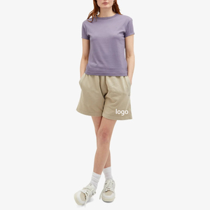 High Quality Women Vintage <b>Plain</b> Knit Shorts Custom Logo 100% Cotton Elastic Waist Women Shorts Custom Casual Shorts Unisex - Product Image 3
