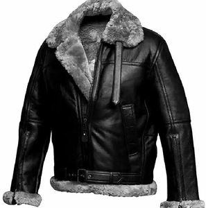 Custom <b>Men's</b> Black Shearling Sheepskin Leather <b>Jacket</b> Winter <b>Warm</b> Fur Lined Aviator Winter Aviator Bomber Coat Wholesale - Product Image 3