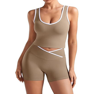 Conjunto Deportivo de 2 Piezas para Mujer, Color Negro, Top Corto sin Mangas con Ribete Blanco, Pantalones Cortos de Cintura Alta, Tejido Sólido y Transpirable, Primavera Verano - Product Image 4
