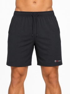 Shorts pour hommes noirs à séchage rapide avec cordon de serrage, taille mi-haute, décontractés, en polyester tricoté, logo sur le bas du bas du pantalon, à prix abordable - Product Image 1