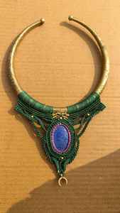 Handmade Boho Tribal Vintage <b>Butterfly</b> Statement Jewelry Unisex Lapis Lazuli Tibetan Silver Choker Green Macrame Beaded Chain - Product Image 3