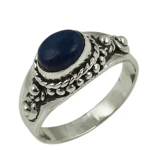 Bague en argent 925 avec pierre précieuse bleue pour femmes, taille ajustable, bijoux ethniques de déclaration, mariage, laiton plaqué avec incrustation en forme de chiffre - Product Image 2