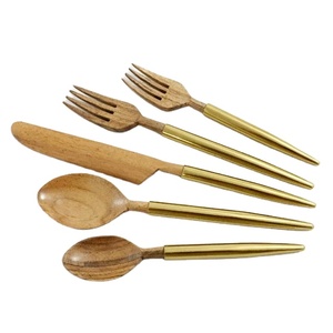 Juego de Cubiertos Hechos a Mano al por Mayor, Ecológicos, de Madera de Acacia y Latón, Tipo Portátil, Juego de Vajilla, Utensilios - Product Image 1