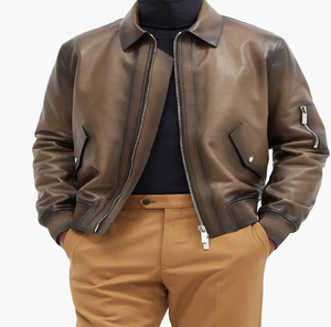 Veste en cuir rouge vieilli, look vintage, style classique, effet usé, fermeture éclair argentée, disponible au prix de gros. - Product Image 2