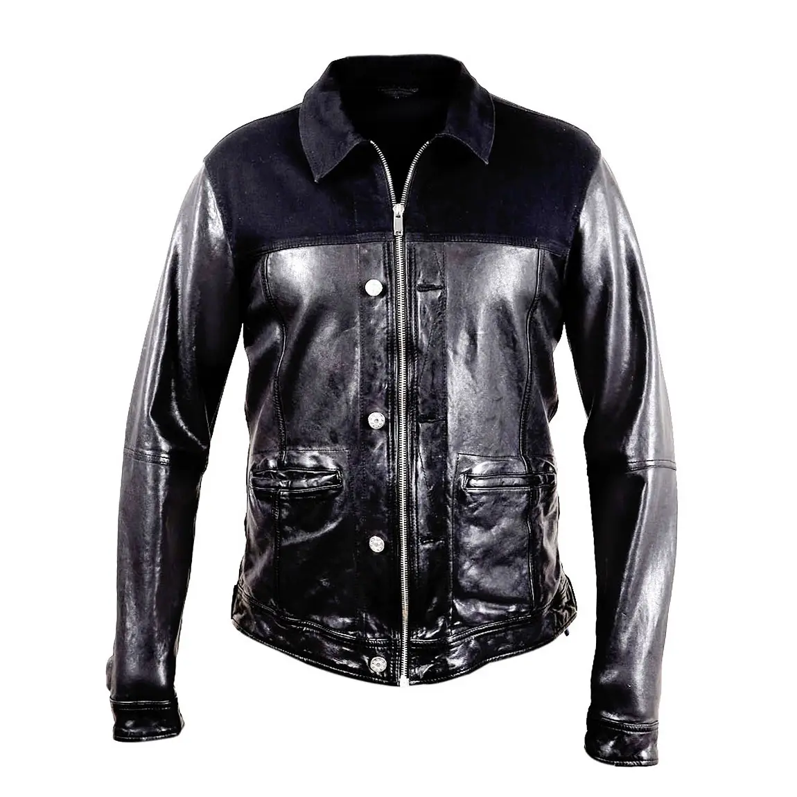 Shinning Jet Black Color Washed Leather Jacket With Denim Fabric Motor Bike Zipper Man comfortable Leather Jacket and Coats Mens