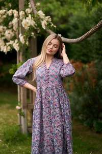 Nouvelle robe mini en velours bohème Florie, robe à fleurs imprimée à la main, bleu rose, décontractée, faite à la main, taille naturelle, mode éthique - Product Image 5