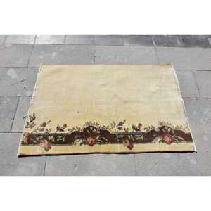2.6x3.9 ft Vintage Small Rug, <b>Yellow</b> Brown Turkish Floral <b>Wool</b> Rug - Product Image 3