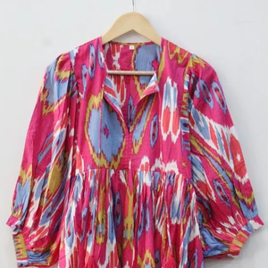 Summer Casual Ikat Long Block Print Midi Dress Deep Neck avec String Closer Loose Silhouette Natural Waistline - Product Image 4