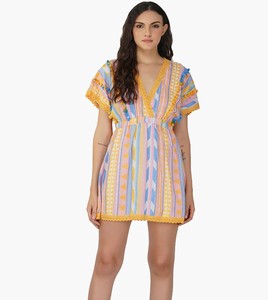 Gilr's Fashion Forever V Weaving with Texture Robe courte sans effort Style d'été Demi-manche Col plongeant Pompon une pièce - Product Image 1