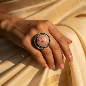 925 Silver Statement <b>Ring</b> <b>for</b> <b>Women</b> Pink Gemstone Bezel <b>Set</b> Brass Hand-Shape Design Free Size Licensed Private Brand 'IS' Box - Product Image 3
