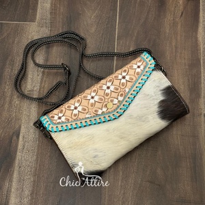 Sculpture main usiné en cuir bandoulière portefeuille pochette coque de téléphone Western cuir de vachette portefeuilles couleur Turquoise portefeuille pour les femmes - Product Image 1