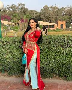 ชุดเดรสมุสลิมแบบดั้งเดิมคาฟตันสีแดงและสีฟ้าอมเขียวแบบชาวโมร็อกโกพร้อมปักด้วยมือระบายอากาศได้ดีและดูดีมาก - Product Image 3