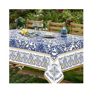 Sustainable Trending Drop Shipping Classic Blue Floral Printed Cotton Linen <b>Tablecloth</b> Woven Washable Home Use 60x120 Inches - Product Image 4