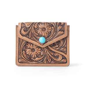 Hot Selling High Quality <b>Women</b> Credit <b>Card</b> <b>Holder</b> Handmade Genuine Leather Hand Tooling Button Closure Bohemian Western Fashion - Product Image 1