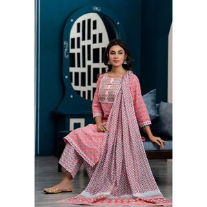 Vestido indio y pakistaní estilo Anarkali con lentejuelas y estampado floral rosa para mujer, con palazzos y dupatta. - Product Image 3