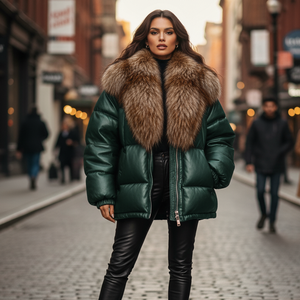 Veste en cuir matelassée à carreaux verts pour femmes avec col en fourrure de renard, fermeture éclair, coupe-vent, streetwear d'hiver - Product Image 2