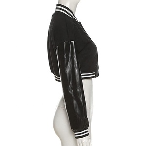 New Style Cropped Women Varsity <b>Jacket</b> Contrast Color Stand Collar <b>Long</b> <b>Leather</b> Sleeves Baseball Cropped Varsity <b>Jacket</b> - Product Image 3