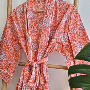 Kimono de verano con estampado de bloques indios de algodón puro para casa | Coverup de playa floral/maternidad cómoda - Product Image 3