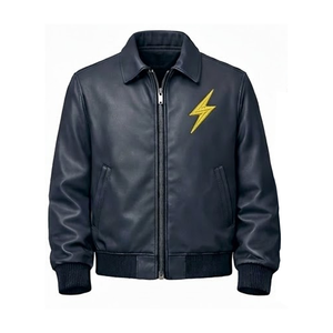 Navy Custom Leather Canvas Winter Racing Jacket Storm Embroidery Biker Bomber <b>Hip</b> Hop Streetwear Men's <b>Padded</b> Letterman - Product Image 2