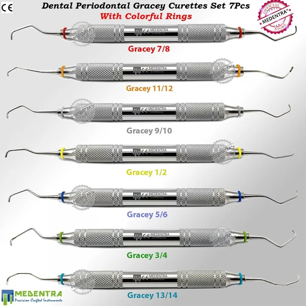 Vente en gros de curettes dentaires parodontales Gracey avec anneaux colorés Instruments de dentisterie Ensemble de 7 pièces en acier inoxydable