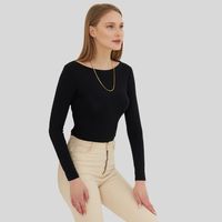 Camiseta de Punto de Manga Larga con Cuello Redondo para Mujer, Color Negro, Corte Ajustado, Estilo Minimalista, para Todas las Temporadas