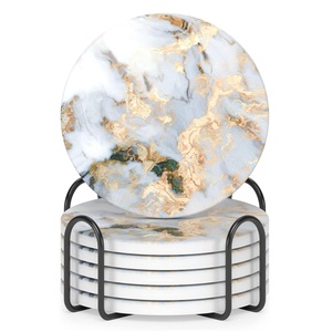 Modern Antique Finish White Marble Coaster with Classic Golden Brass Line Excellent for Tea Drinks <b>Waterproof</b> Kitchen <b>Mats</b> Pads - Product Image 5