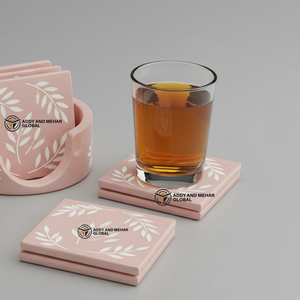 Proveedor Indio Ofrece Juego de Posavasos de Lujo Cuadrados de 3 mm de Grosor con Incrustaciones de Hueso Rosa y Blanco Hechos a Mano con Soporte y Diseño Floral - Product Image 2
