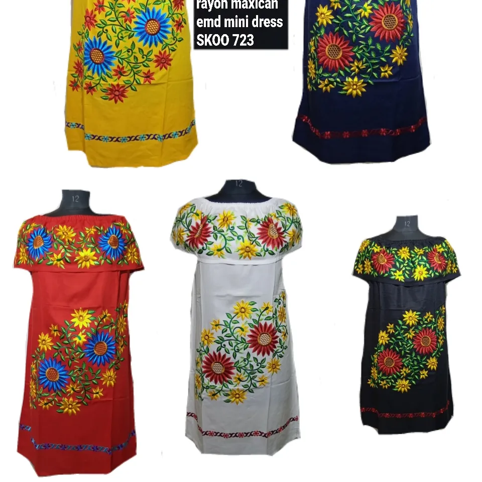 Indian Boho Traditional T-Shirt type dress black color flower printed women mexican rayon embroidery plain dress for ladies