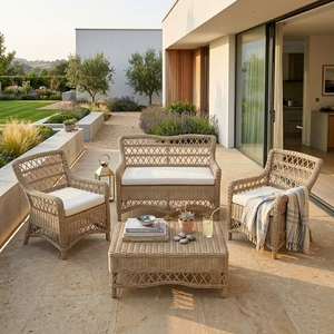Natural Woven <b>Rattan</b> Outdoor <b>Sofa</b> Set 4 Piece Lattice Loveseat Armchairs Rectangular Coffee Table Setup Pure Art Design - Product Image 5